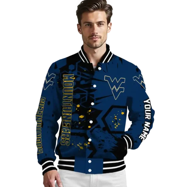 personalized west virginia mountaineers hexagon cluster blue black varsity jacket high quality.webp