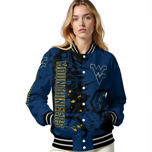 personalized west virginia mountaineers hexagon cluster blue black varsity jacket latest model.webp