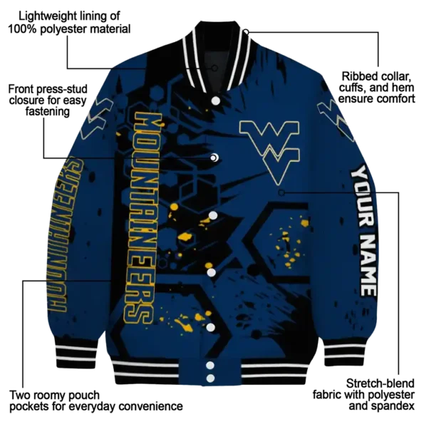 personalized west virginia mountaineers hexagon cluster blue black varsity jacket new arrival.webp