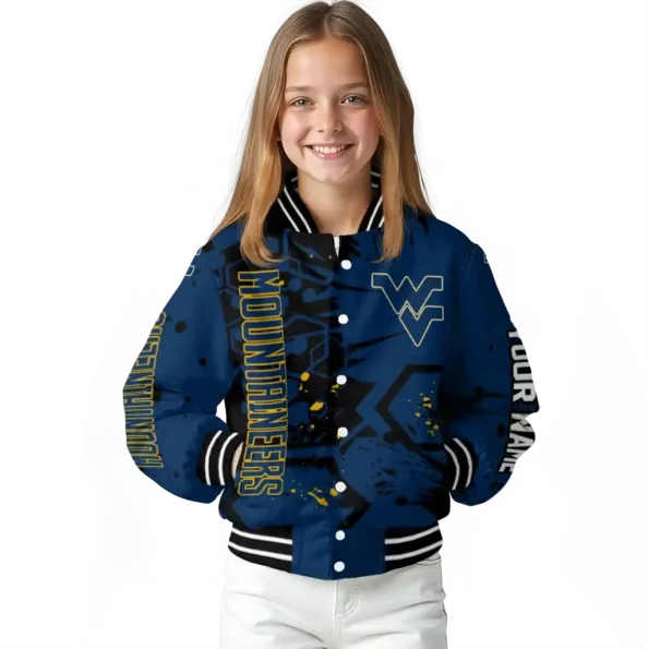 personalized west virginia mountaineers hexagon cluster blue black varsity jacket top rated.webp