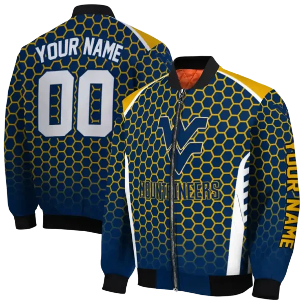 personalized west virginia mountaineers hexagon grid blue bomber jacket fashion forward