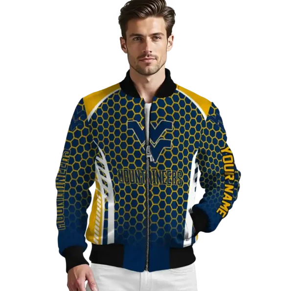 personalized west virginia mountaineers hexagon grid blue bomber jacket high quality