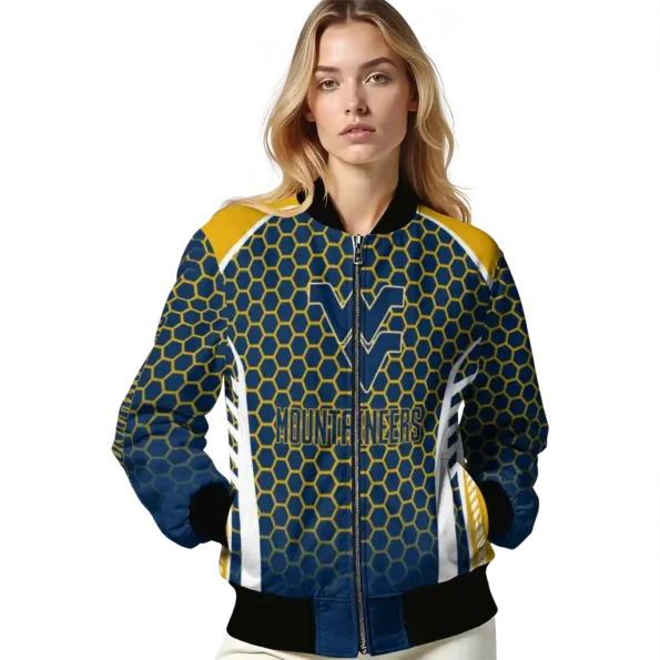 personalized west virginia mountaineers hexagon grid blue bomber jacket latest model