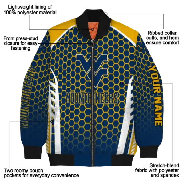 personalized west virginia mountaineers hexagon grid blue bomber jacket new arrival