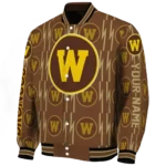 personalized western michigan broncos bolt stripe brown varsity jacket best selling.webp