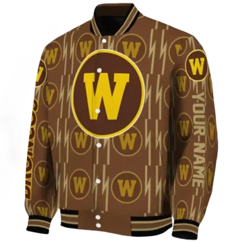 personalized western michigan broncos bolt stripe brown varsity jacket best selling.webp