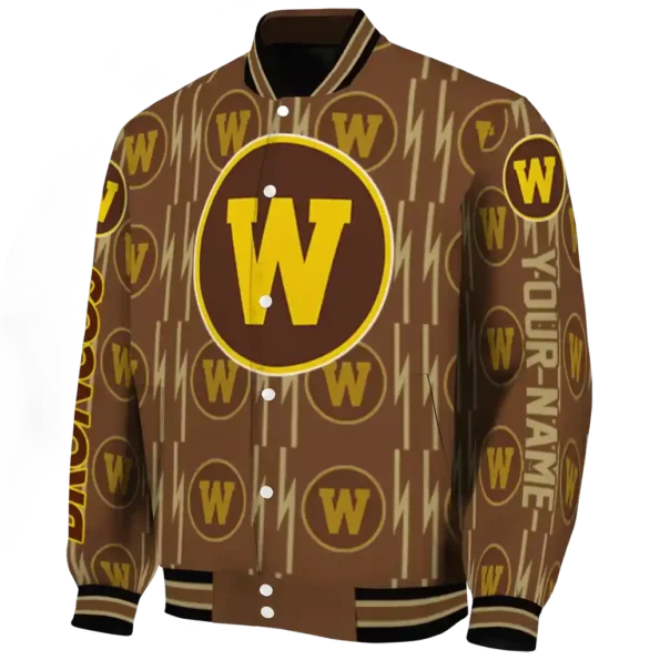 personalized western michigan broncos bolt stripe brown varsity jacket best selling.webp