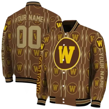 personalized western michigan broncos bolt stripe brown varsity jacket fashion forward.webp