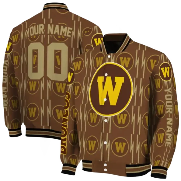 personalized western michigan broncos bolt stripe brown varsity jacket fashion forward.webp