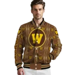 personalized western michigan broncos bolt stripe brown varsity jacket best selling.webp