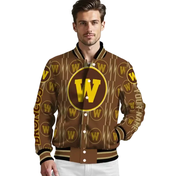 personalized western michigan broncos bolt stripe brown varsity jacket high quality.webp