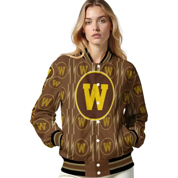 personalized western michigan broncos bolt stripe brown varsity jacket latest model.webp