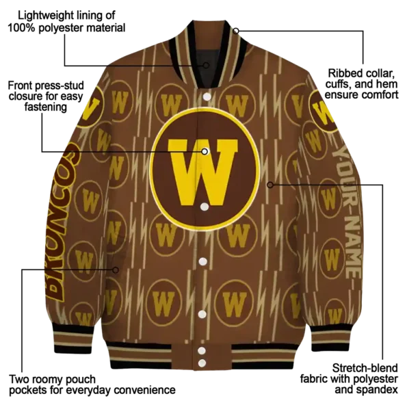 personalized western michigan broncos bolt stripe brown varsity jacket new arrival.webp