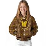 personalized western michigan broncos bolt stripe brown varsity jacket best selling.webp