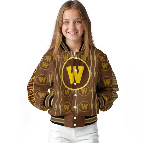 personalized western michigan broncos bolt stripe brown varsity jacket top rated.webp