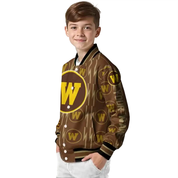 personalized western michigan broncos bolt stripe brown varsity jacket trendy.webp