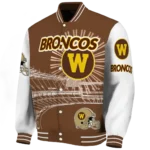 personalized western michigan broncos ferris arena brown white varsity jacket best selling.webp