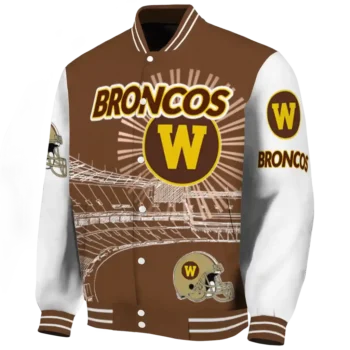 personalized western michigan broncos ferris arena brown white varsity jacket best selling.webp