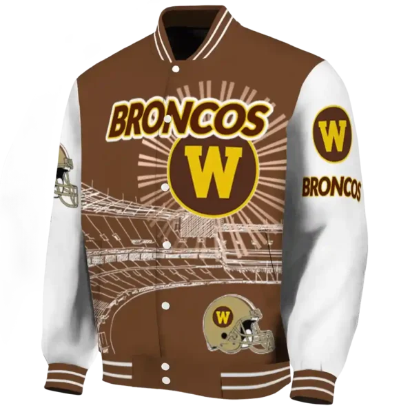 personalized western michigan broncos ferris arena brown white varsity jacket best selling.webp