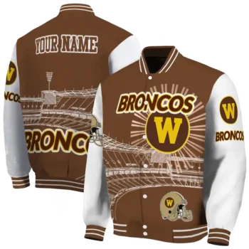 personalized western michigan broncos ferris arena brown white varsity jacket fashion forward.webp
