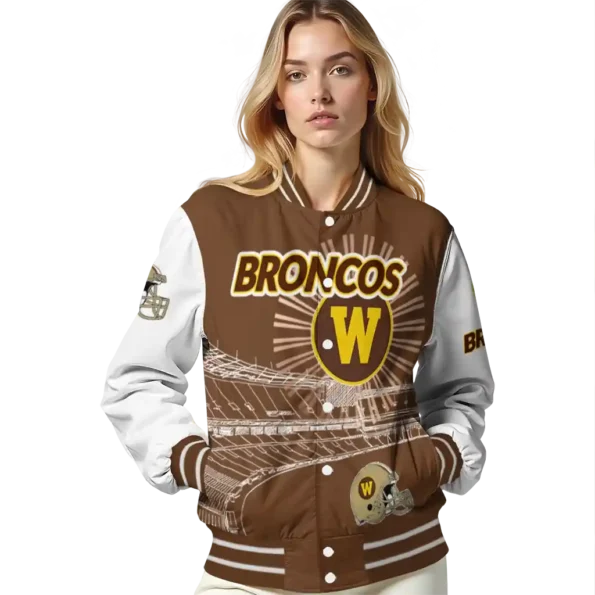 personalized western michigan broncos ferris arena brown white varsity jacket latest model.webp