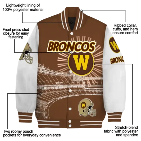 personalized western michigan broncos ferris arena brown white varsity jacket new arrival.webp