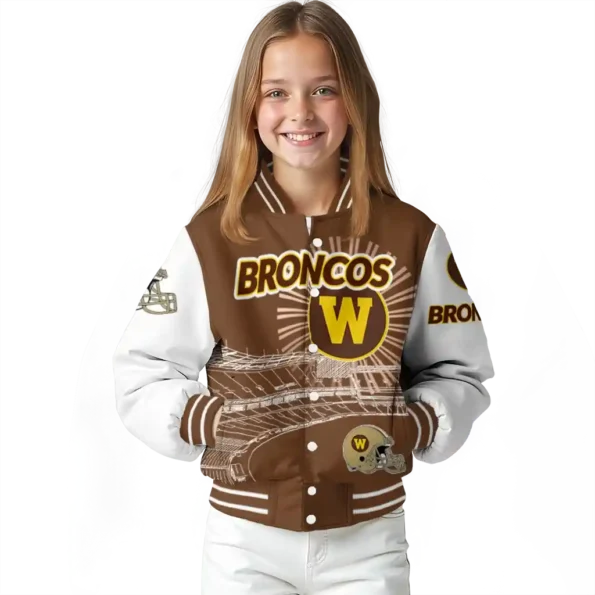 personalized western michigan broncos ferris arena brown white varsity jacket top rated.webp