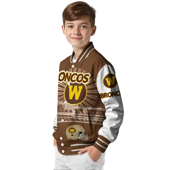 personalized western michigan broncos ferris arena brown white varsity jacket trendy.webp