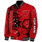 personalized wisconsin badgers hexagon cluster red black varsity jacket best selling.webp