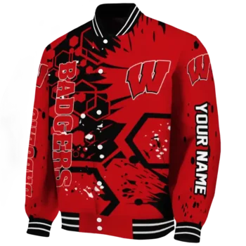 personalized wisconsin badgers hexagon cluster red black varsity jacket best selling.webp