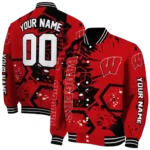 personalized wisconsin badgers hexagon cluster red black varsity jacket best selling.webp
