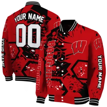 personalized wisconsin badgers hexagon cluster red black varsity jacket fashion forward.webp