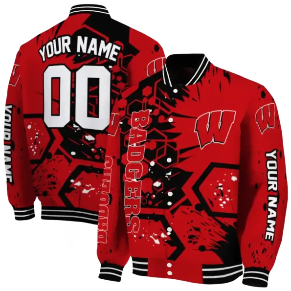 personalized wisconsin badgers hexagon cluster red black varsity jacket fashion forward.webp
