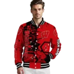 personalized wisconsin badgers hexagon cluster red black varsity jacket best selling.webp