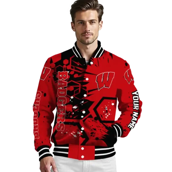 personalized wisconsin badgers hexagon cluster red black varsity jacket high quality.webp