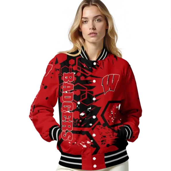 personalized wisconsin badgers hexagon cluster red black varsity jacket latest model.webp
