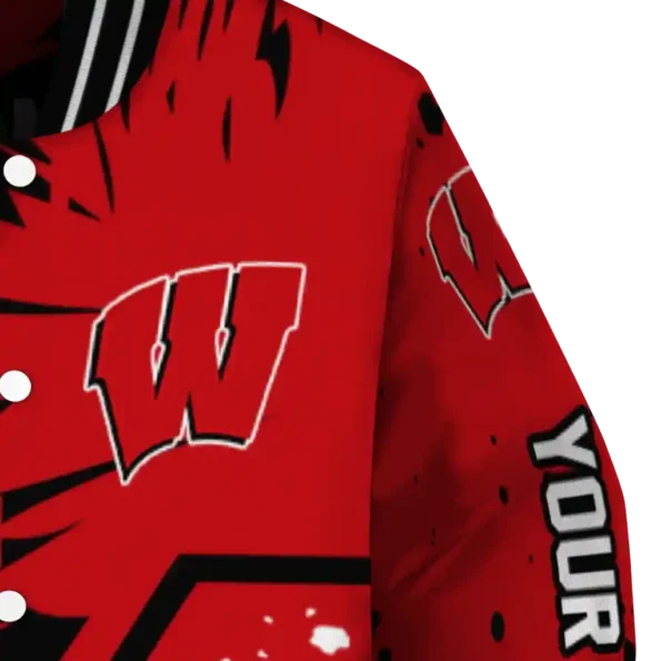 personalized wisconsin badgers hexagon cluster red black varsity jacket premium grade.webp