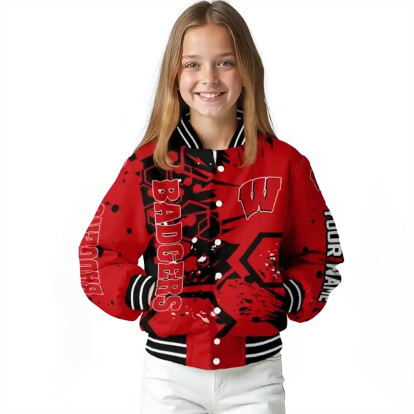 personalized wisconsin badgers hexagon cluster red black varsity jacket top rated.webp