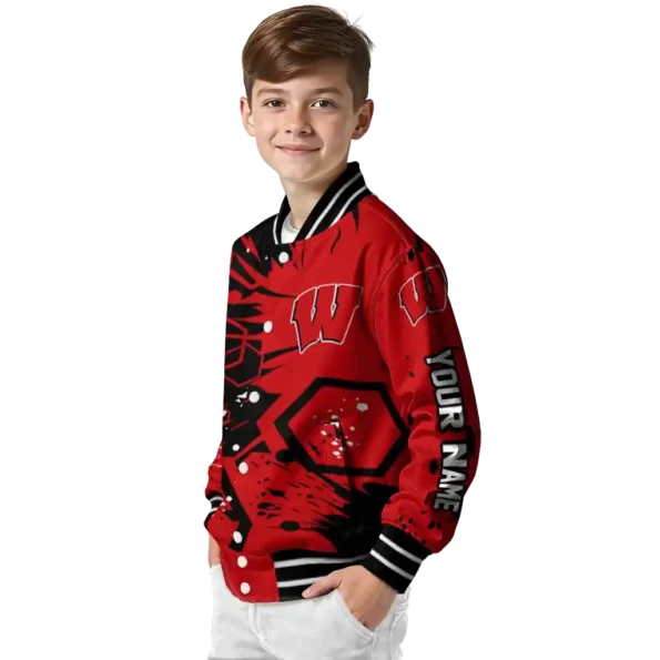 personalized wisconsin badgers hexagon cluster red black varsity jacket trendy.webp