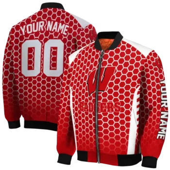 personalized wisconsin badgers hexagon grid red bomber jacket fashion forward