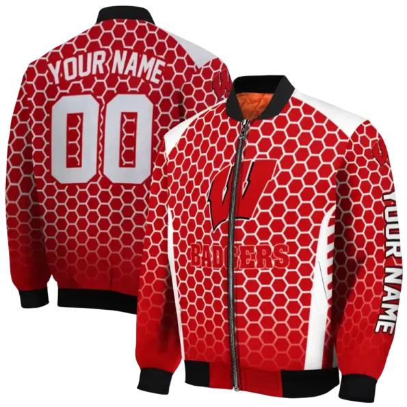 personalized wisconsin badgers hexagon grid red bomber jacket fashion forward