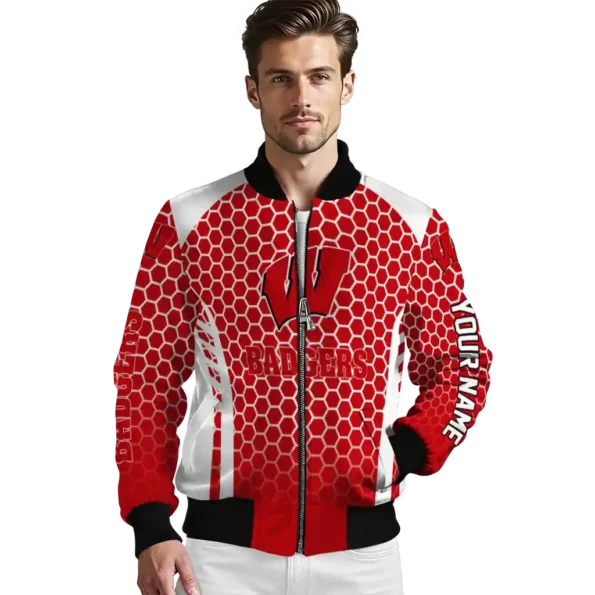 personalized wisconsin badgers hexagon grid red bomber jacket high quality