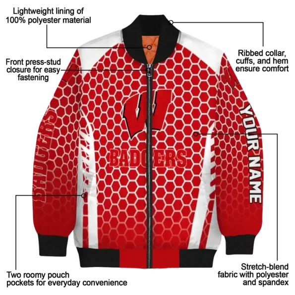 personalized wisconsin badgers hexagon grid red bomber jacket new arrival