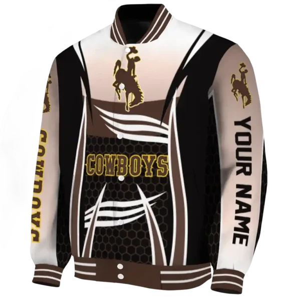 personalized wyoming cowboys mesh effect brown black varsity jacket best selling.webp