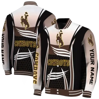 personalized wyoming cowboys mesh effect brown black varsity jacket fashion forward.webp