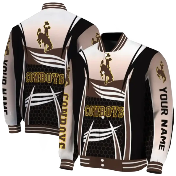 personalized wyoming cowboys mesh effect brown black varsity jacket fashion forward.webp