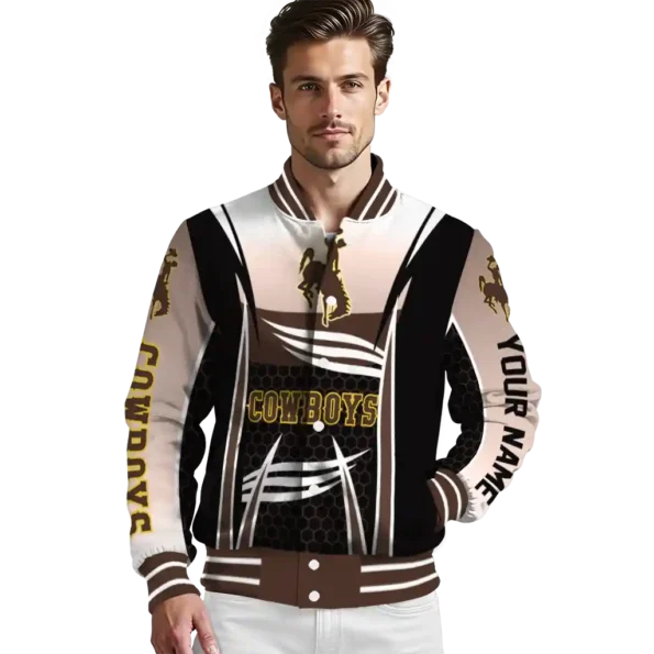 personalized wyoming cowboys mesh effect brown black varsity jacket high quality.webp