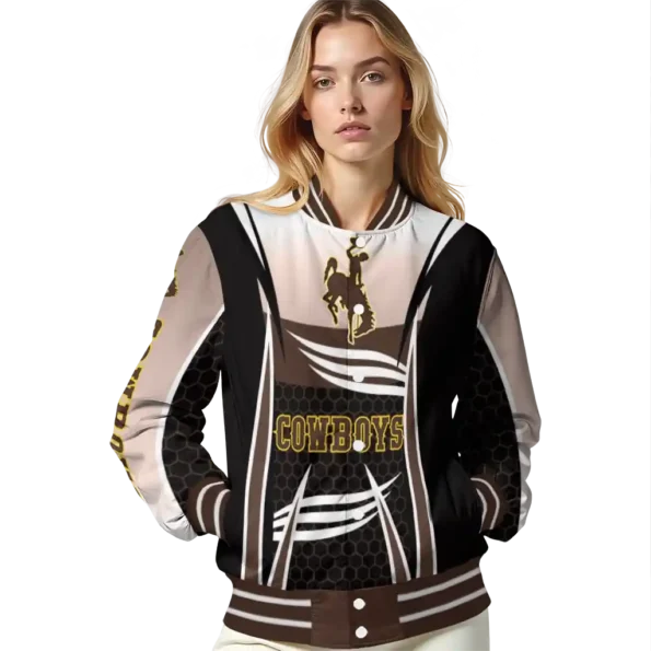 personalized wyoming cowboys mesh effect brown black varsity jacket latest model.webp