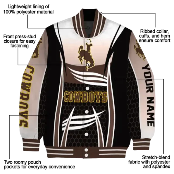 personalized wyoming cowboys mesh effect brown black varsity jacket new arrival.webp