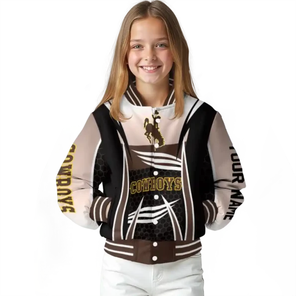 personalized wyoming cowboys mesh effect brown black varsity jacket top rated.webp